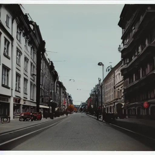 Image similar to low angle wideshot of Helsinki street, breathtaking polaroid photo,