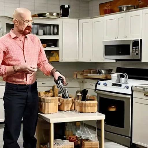 Image similar to Walter white selling kitchen utensils on the home shipping channel, tv footage.