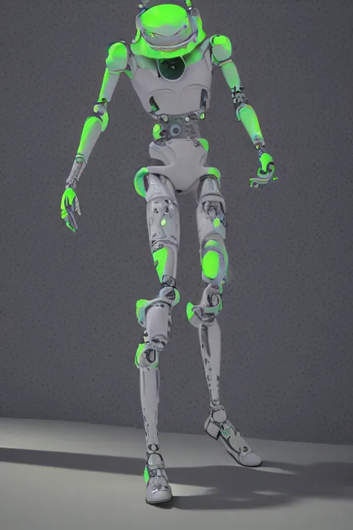 Image similar to a scene with a robot wearing a super detailed muted color diy! suit with fluo details, vivienne westwood!, detailed photoreal render octane render, pointillism, full body