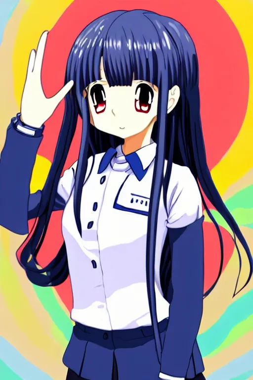 Image similar to full body anime portrait of a cute android girl round eyes long hair dressed in a school uniform inside the school, peace sign, stunning, highly detailed, anatomically correct