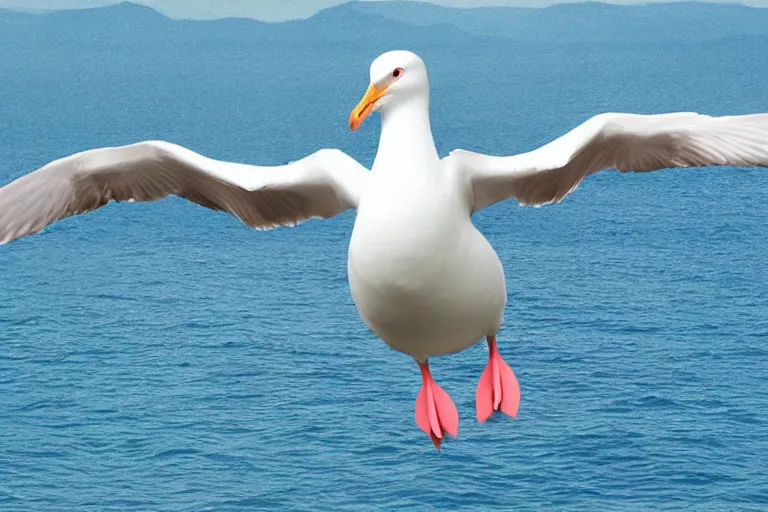 Image similar to giant seagull, human arms instead of wings, extremely realistic, extremely detailed