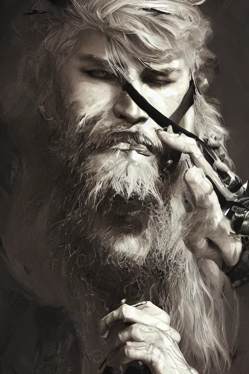 Image similar to blonde wild hair beard man, pirate eye - patch, playing guitare, close - up portrait, powerfull, intricate, elegant, volumetric lighting, scenery, digital painting, highly detailed, artstation, sharp focus, illustration, concept art, ruan jia, steve mccurry