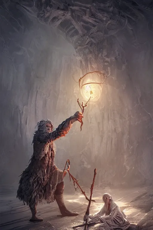 Image similar to a necromancer with a staff casts a spell that reveals the secret of life the universe and everything, dirty linen robes, staff of bones, grizzled bearded withered man by jessica rossier and hr giger