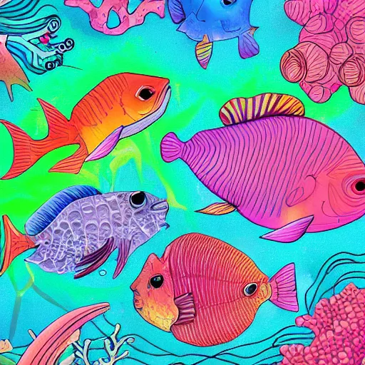 Image similar to coral underwater colorful, fantasy, intricate, highly detailed, little fish and sea life digital painting, hd, trending on artstation, illustration, fine lines, sharp edges, colourful,