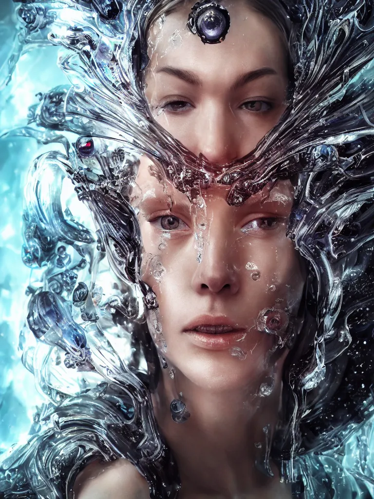 Image similar to epic futuristic close-up macro portrait of the face of a beautiful queen, epic angle and pose, symmetrical artwork, 3d with depth of field, blurred background, cybernetic jellyfish crystal, obsidian, female face skull phoenix bird, translucent, nautilus, energy flows of water and fire. a highly detailed epic cinematic concept art CG render , made in Maya, Blender and Photoshop, octane render, excellent composition, cinematic dystopian brutalist atmosphere, dynamic dramatic cinematic lighting, aesthetic, very inspirational, arthouse, by Greg Rutkowski, Ilya Kuvshinov, WLOP, Stanley Artgerm Lau, Ruan Jia and Fenghua Zhong.