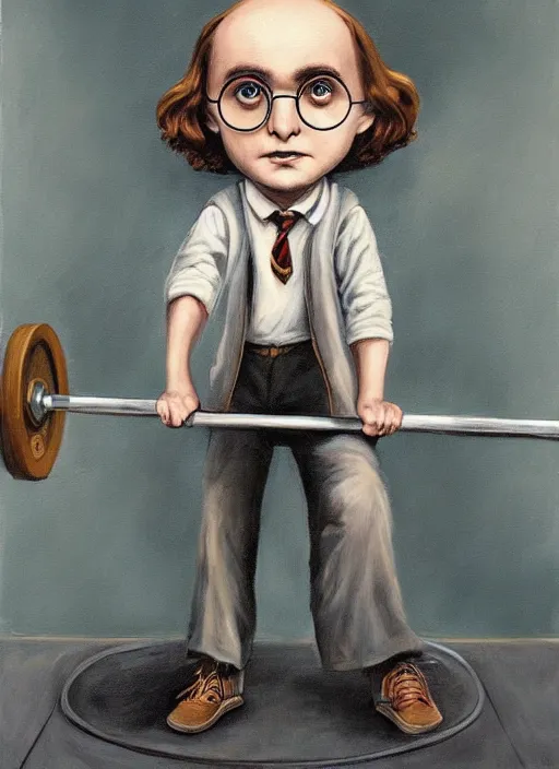 Image similar to a painting of Harry Potter doing barbell squats, an ultrafine detailed painting by Mark Ryden, trending on deviantart, pop surrealism, whimsical, lowbrow, grotesque