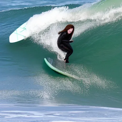 Prompt: photo of melissa mccarthy surfing a wave