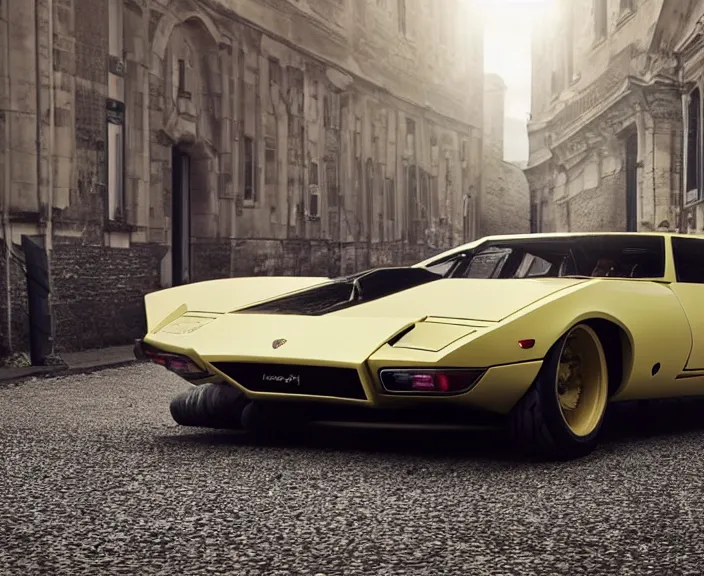 Image similar to a blending, amalgamation and detailed combination of a lamborghini countach and a jaguar e - type, concept photo, very round headlights, long front end, 8 k, highly detailed, dramatic lighting