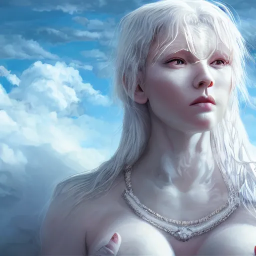 Prompt: a colossal goddess is watching us from above, creative, albino skin, giant, digital art, highly detailed, photo manipulation, clouds, town, covered in clouds, covered by clouds, white hair, digital painting, artstation