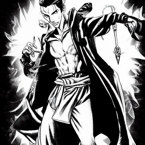 Prompt: pen and ink!!!! attractive 22 year old Dr. Strange Gantz monochrome!!!! Frank Zappa x Ryan Gosling highly detailed manga Vagabond!!!! telepathic floating magic swordsman!!!! glides through a beautiful!!!!!!! battlefield magic the gathering dramatic esoteric!!!!!! pen and ink!!!!! illustrated in high detail!!!!!!!! graphic novel!!!!!!!!! by Hiroya Oku!!!!!!!!! and Frank Miller!!!!!!!!! MTG!!! award winning!!!! full closeup portrait!!!!! action manga panel