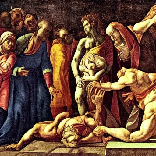 Image similar to pepe the frog in the raising of lazarus, style of michaelangelo