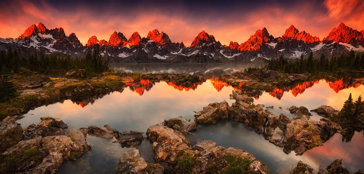 Image similar to amazing landscape photo of mountains with lake in sunset by marc adamus, beautiful dramatic lighting