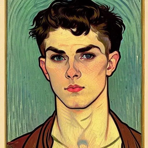 Prompt: portrait painting of young handsome beautiful human man with short messy partly shaved dark brown hair and blue eyes and strong jawline and small scar! under one eye, in his 2 0 s named vidar, wearing armor!, modest, masculine jawline!, squarish face shape, slightly round chin, art by alphonse mucha, vincent van gogh, egon schiele