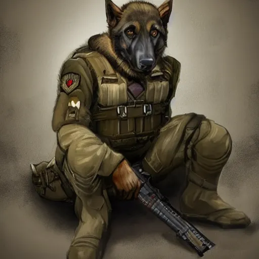 Image similar to a humanoid german shepherd beast - man in military style, sitting on the carpeted floor beside a bed, highly detailed portrait, digital painting, artstation, concept art, smooth, sharp foccus ilustration, artstation