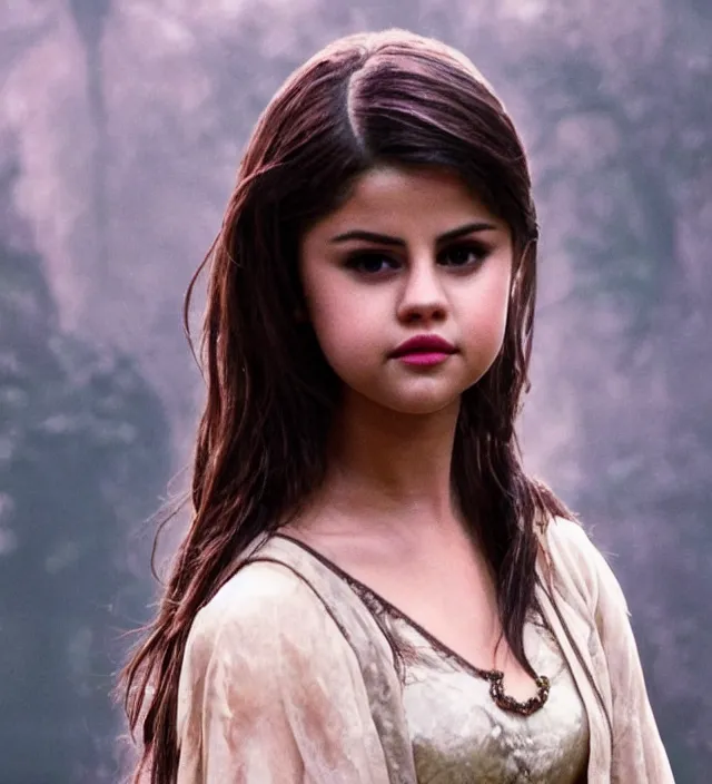 Image similar to selena gomez in harry potter, movie still frame, hd, remastered, detailed, cinematic lighting