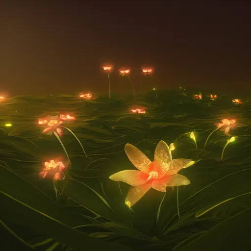 Image similar to Luminescent flower blooming at twilight, cgsociety, r /art, trending on artstation, artstationHD, octane render, highly detailed, cel-shaded, vray, volumetric lighting