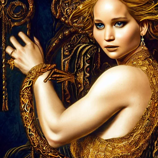 Prompt: !dream realistic detailed dramatic symmetrical portrait of Jennifer Lawrence as Salome dancing, wearing an elaborate jeweled gown, by Michelangelo, gilded details, intricate spirals, coiled realistic serpents, Neo-Gothic, gothic, Art Nouveau, ornate medieval religious icon, long dark flowing hair spreading around her