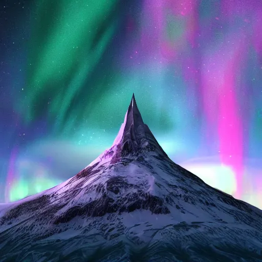 Prompt: a photorealistic iced capped mountain range with a massive gothic cathedral sitting at the peak lit by the crescent moon and aurora borealis above during a starry night, fantasy art, deviant art, highly detailed, digital art, 3d, 4k