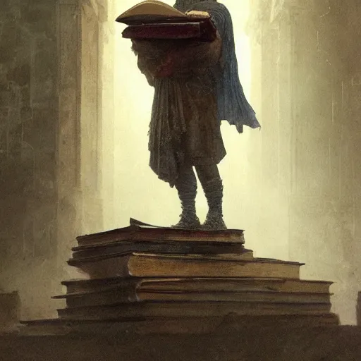 Image similar to half portait of wizzard wearing a closed cowl and big old book! chained to the wrist, jeremy mann, jean - leon gerome, tiepolo, alphonse mucha, greg rutkowski, face in the shadows, ( ( ruins of ancient rome ) ), at dusk, mysterious atmosphere, sunrays, dof, high detailed, 8 k