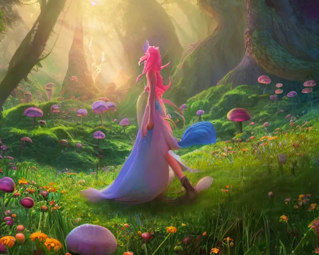 Prompt: beautiful faerie princess walks through happy trippy fungal landscape, by weta, pixar, dan mumford, yusuke murata, makoto shinkai, ross tran 8 k award winning photography, cosmic, heavenly, god rays, intricate detail, cinematic, unreal engine, cel shaded