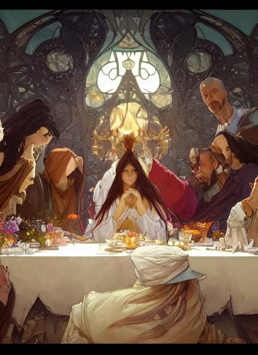 Prompt: the last supper beautiful painting by artgerm and greg rutkowski and alphonse mucha, highly detailed, illustration, epic, fantasy, intricate, hyper detailed, artstation, concept art, smooth, sharp focus, ray tracing, only mens