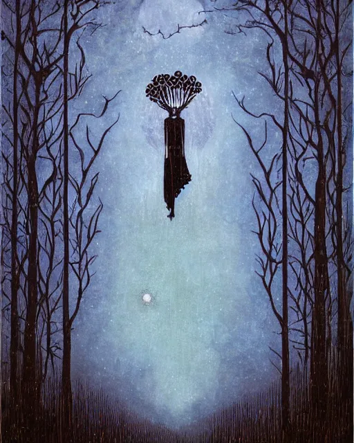 Image similar to tarot card, haunted woods, Art nouveau, by andy kehoe