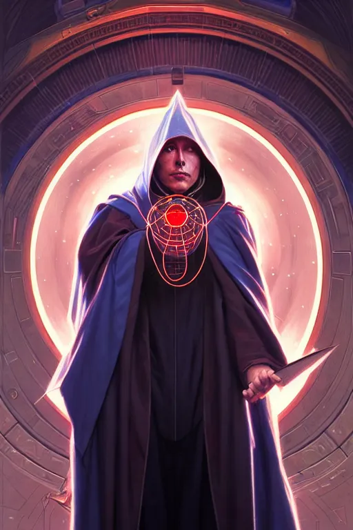 Image similar to elon musk as wizard of science and technology, wizards robes, realistic portrait, symmetrical, highly detailed, digital painting, artstation, concept art, smooth, sharp focus, illustration, cinematic lighting, art by artgerm and greg rutkowski and alphonse mucha