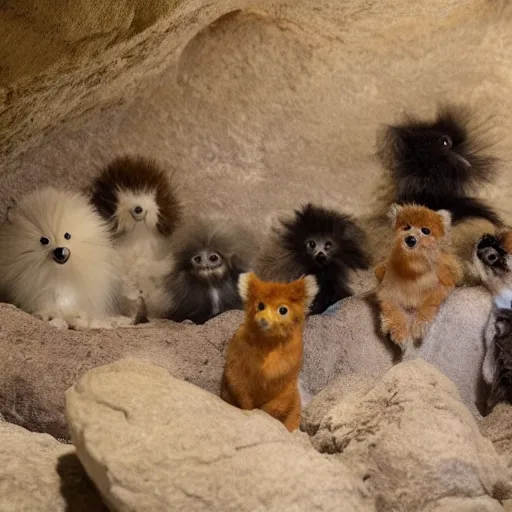 Image similar to several species of small furry animals gathered together in a cave and grooving with a pict