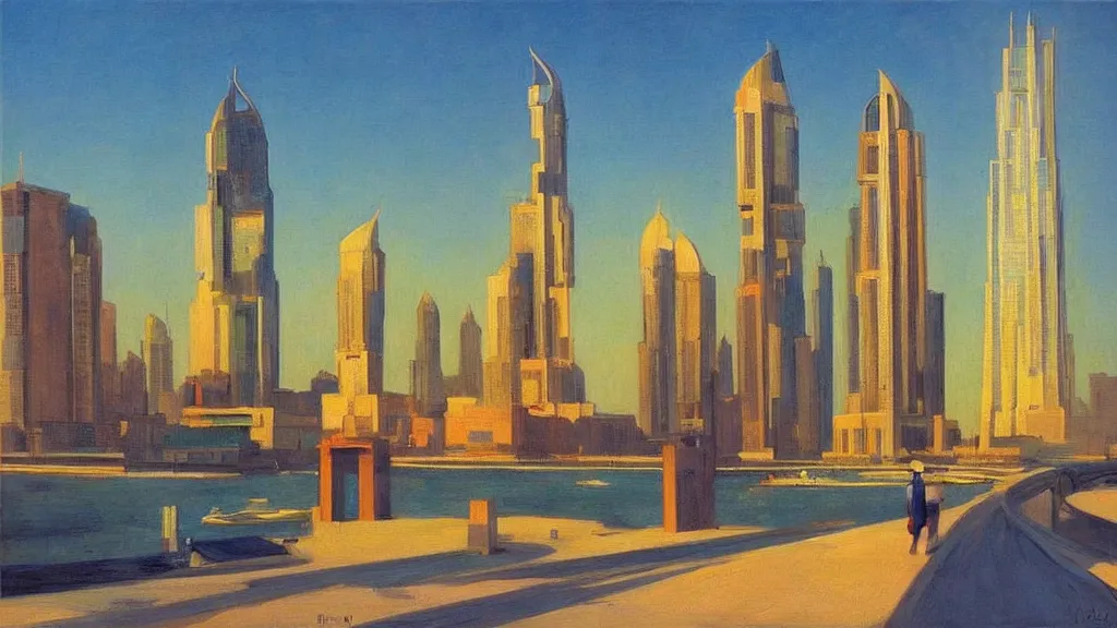 Prompt: Street art. paralyzed by the indescribable beauty of the cosmos. amazing view of the city of Dubai. art style by Edward Hopper daring, incredible