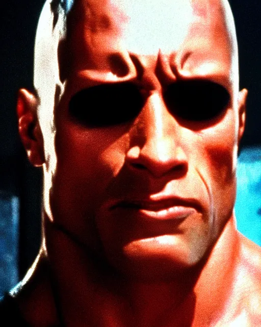 Image similar to Film still close-up shot of Dwayne Johnson as the Terminator from the movie Terminator 2. Photographic, photography