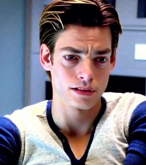 Prompt: very handsome peter parker with his spider suit removed to his waist, looking seductive