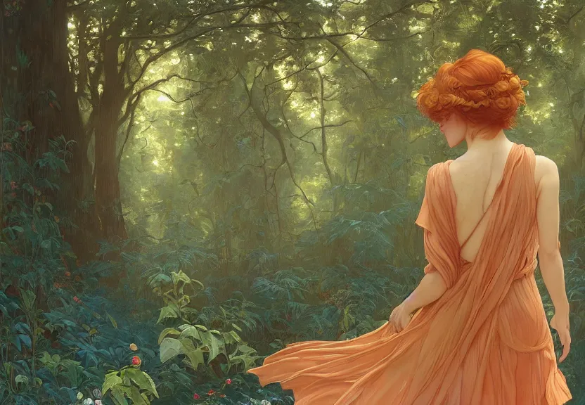 Image similar to a woman seen from behind from far away with copper hair and a flowing sundress dreaming in a forest, fine details by realistic shaded lighting poster by ilya kuvshinov katsuhiro otomo, magali villeneuve, artgerm, jeremy lipkin and michael garmash and rob rey, art nouveau, alphonse mucha, william - adolphe bouguereau, golden hour
