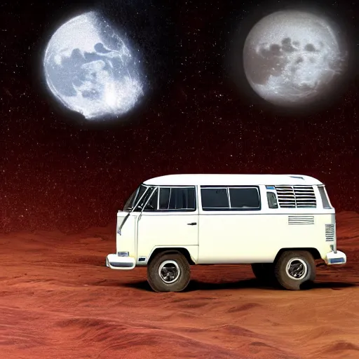 Prompt: realistic sci - fi high detailed photo of vw bus in moon crater