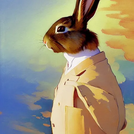 Prompt: a bunny rabbit standing up, by studio ghibli painting, by Joaquin Sorolla rhads Leyendecker, An aesthetically pleasing, dynamic, energetic, lively, well-designed digital art of a bunny rabbit standing up, overlaid with aizome patterns, by Ohara Koson and Thomas Kinkade, traditional Japanese colors, superior quality, masterpiece