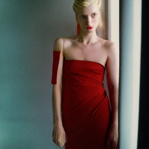 Image similar to realistic photoshoot for a new balenciaga lookbook, color film photography, portrait of a beautiful blonde woman, in style of nan goldin, 35mm