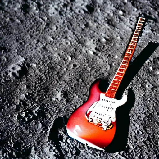 Prompt: a closeup photo of the headstock in an electric guitar and a beer can together laying on the surface of the moon. detailed