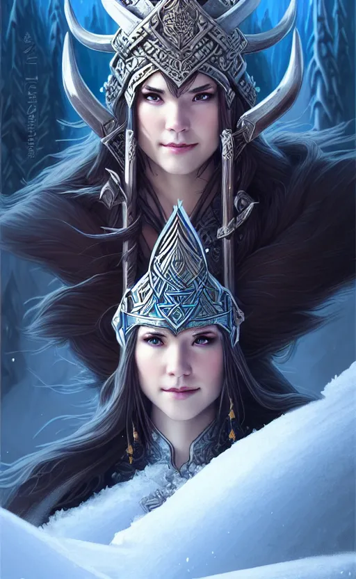 Image similar to azure viking warrior, regal, elegant, winter, snow, beautiful, stunning, hd, illustration, epic, d & d, fantasy, intricate, elegant, highly detailed, wide angle, digital painting, artstation, concept art, smooth, sharp focus, illustration, wallpaper, art by artgerm and greg rutkowski and alphonse mucha and jin xiaodi