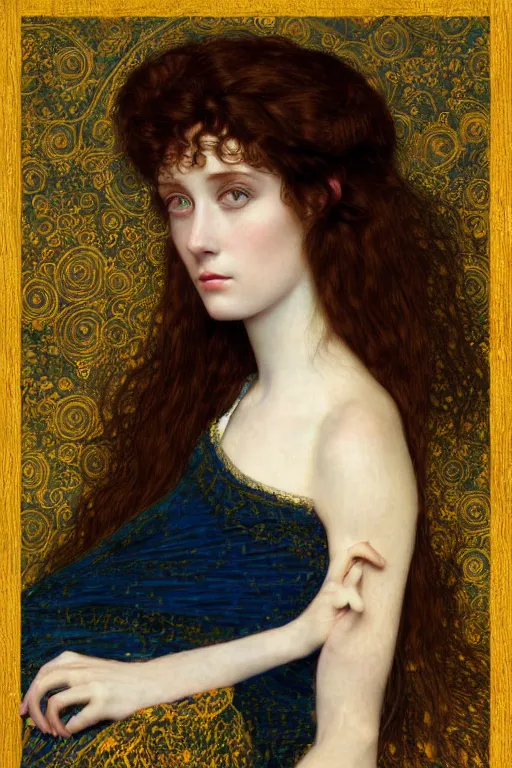 Prompt: Portrait of a Beautiful sad female, elegant, digital painting, Pre-Raphaelites, highly detailed, concept art, smooth, sharp focus, gold and indigo, illustration, art by Klimt .