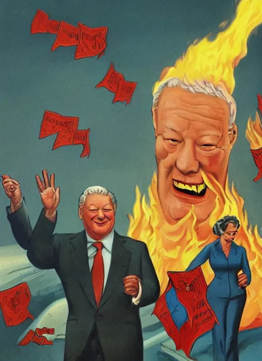 Image similar to yeltsin president in hell, devils and sinners, advertising in the style of american art of the 1 9 5 0 s in color