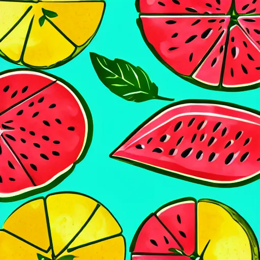 Prompt: retro, hd illustration of watermelons and lemons, mint leaves, inspired by watercolor masterpieces, trending on behance, 4 k