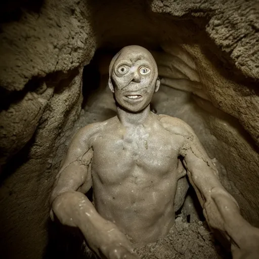 Image similar to found footage of a man made of clay emerging from a wall inside of a cave made of clay, creepy, flash photography, unsettling, moist