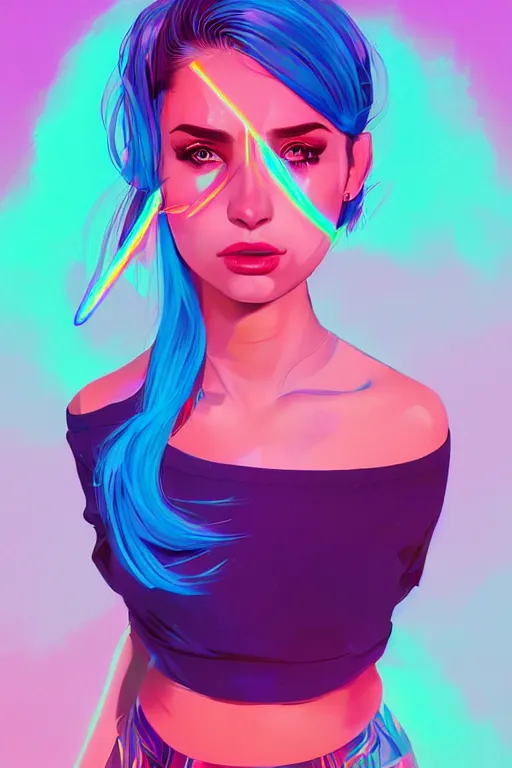 Image similar to a award winning portrait of a beautiful woman with stunning eyes in a one off shoulder croptop and cargo pants with rainbow colored hair, outlined by whirling illuminated neon lines and fine lines swirling in circles by ilya kuvshinov, digital art, trending on artstation