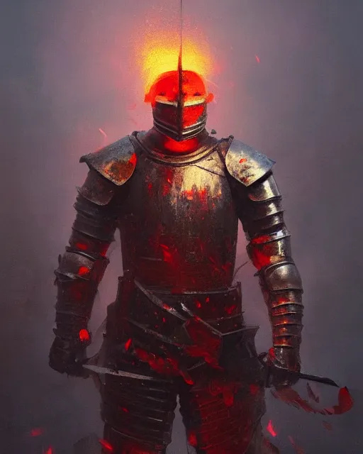 Image similar to Hyper realistic painting of a knight with armor made out of flaming embers, cracks in the armor, reflected light, red lighting, dark fantasy, fog, by greg rutkowski, trending on artstation