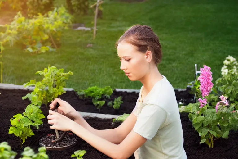 Prompt: a beautiful young woman working in the garden at golden hour, canon EOS, 8k