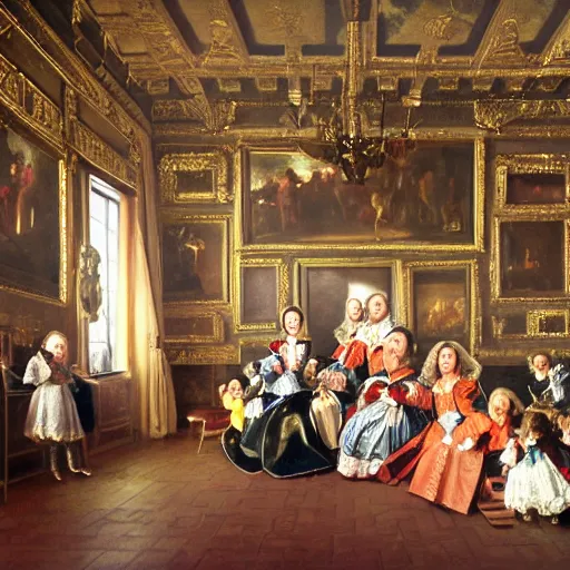 Image similar to super quality family portrait in the main room of the castle painted in 1 6 5 6, dark room, one point of light coming through the window inspired by las meninas, clear spaces between each subject and good detail and realistic eyes, faces for each person in the canva, inspired by diego velasquez baroque style, hdr