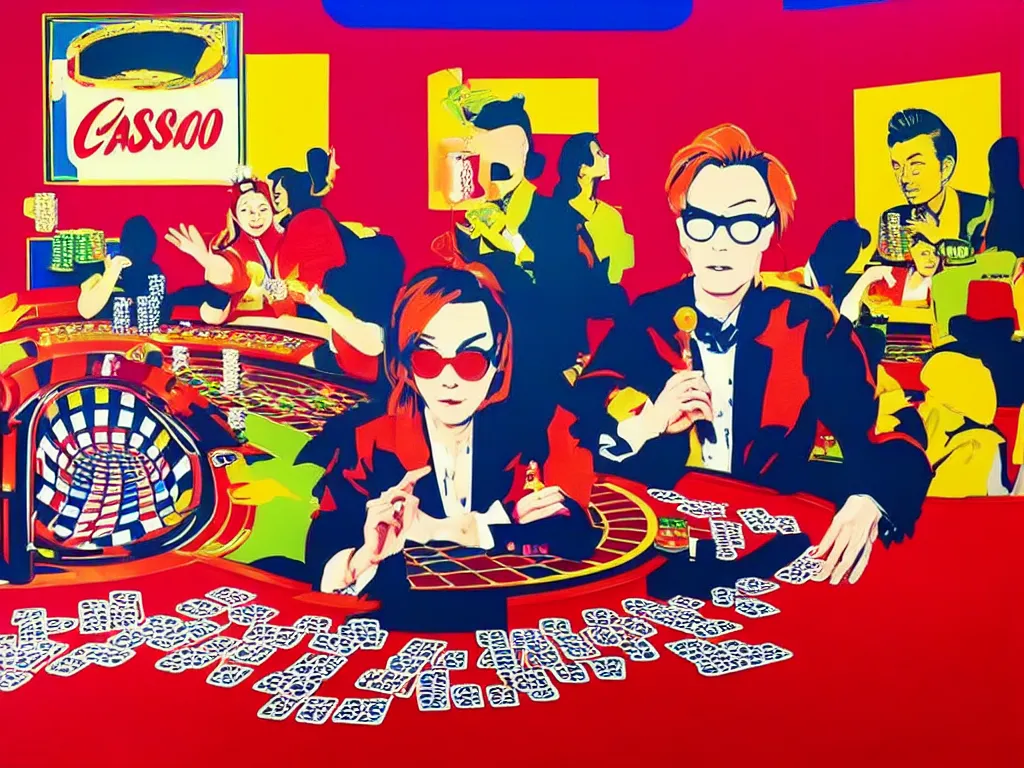 Image similar to hyper - realistic composition of a room in a casino with an extremely detailed poker table, croupier in kimono standing nearby fireworks in the background, pop art style, jackie tsai style, andy warhol style, acrylic on canvas