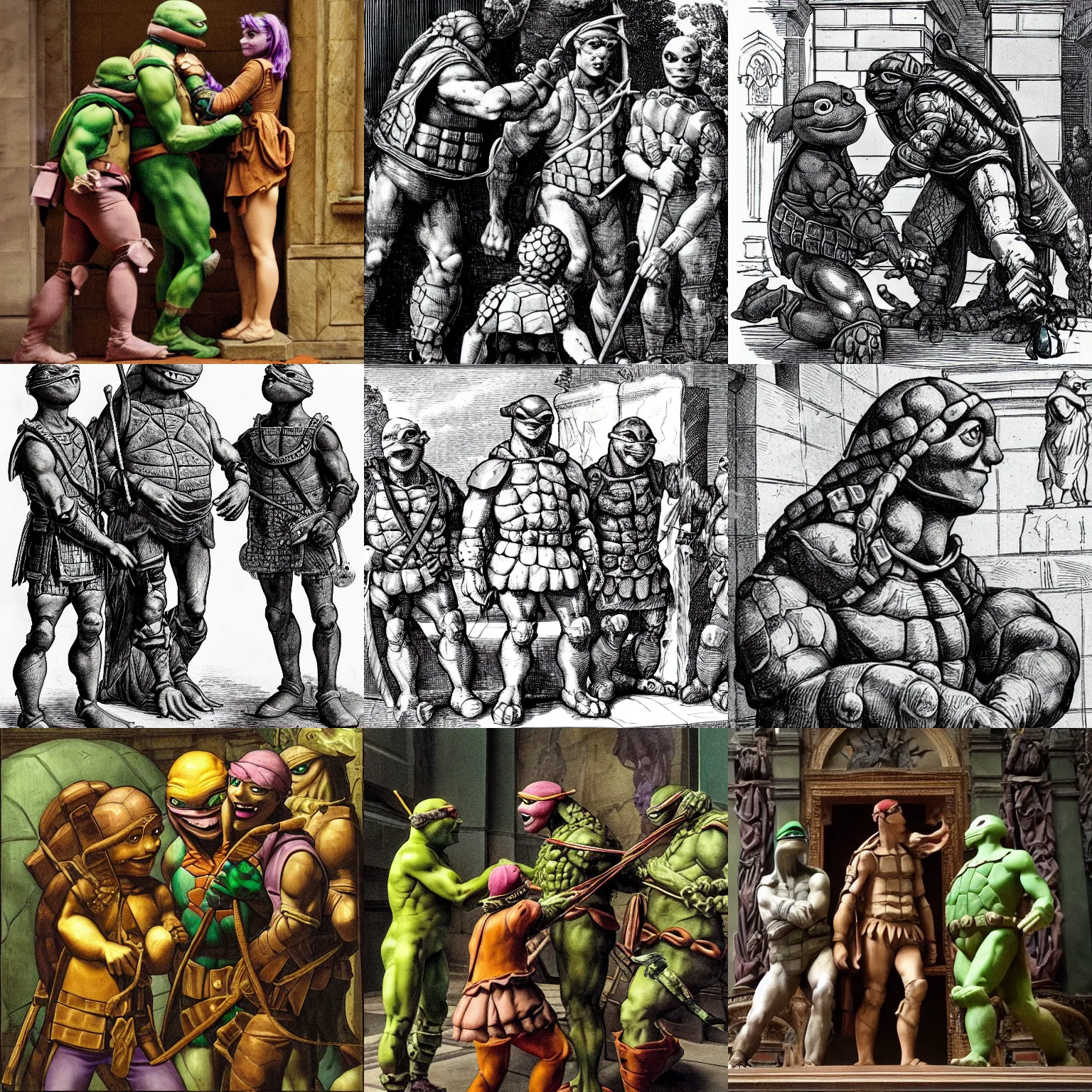 Prompt: teenage mutant nina turtle donatello meeting renaissance sculptor donatello