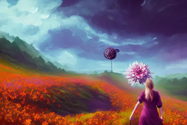 Image similar to giant dahlia flower as a head, girl walking on mountain, surreal photography, stars, dramatic light, impressionist painting, storm clouds, digital painting, artstation, simon stalenhag