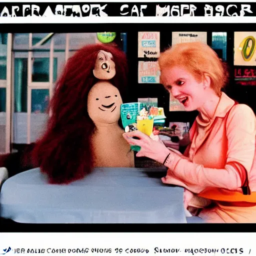 Image similar to 1976 color archival photo of a woman and a puppet that looks like Caspar the Friendly Ghost, in a sidewalk cafe, 16mm film soft color, earth tones and soft color 1976, archival footage, in style of doris wishman russ meyer, woman looks like gilda radner