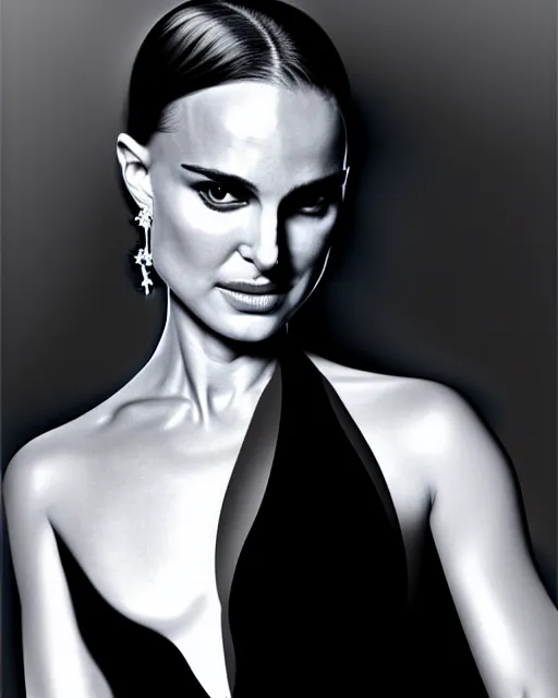 Image similar to Natalie Portman, wearing an evening gown, vera wang couture, very detailed portrait, ultrarealistic, dramatic lighting, electrical details, high details, 4k, 8k, best, accurate, trending on artstation, fur, artstation, photorealism, ultrarealistic, digital painting, style of Dali, Caravaggio, Boris Vallejo